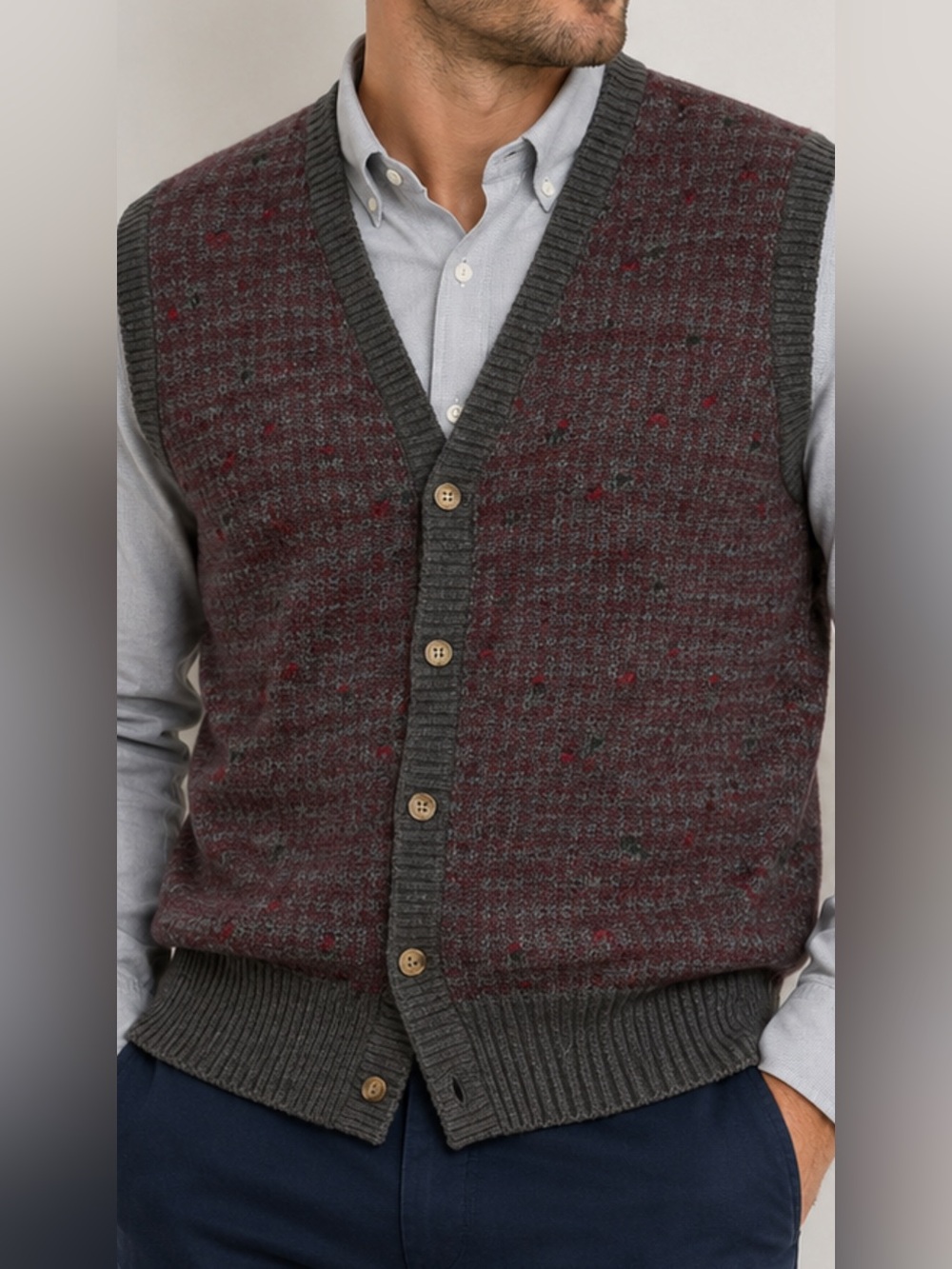Nordstrom Mens M 100% Merino Wool Sweater Vest Gray Burgundy Button Front